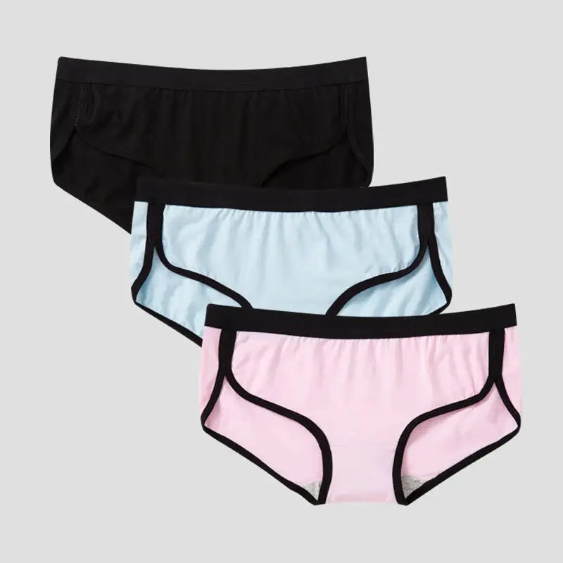 BANNIROU 3-pack women's cotton briefs in black, light blue, and pink with black trim