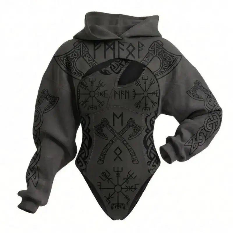 Viking-print women's hooded jumpsuit two-piece set in charcoal gray with black Nordic patterns