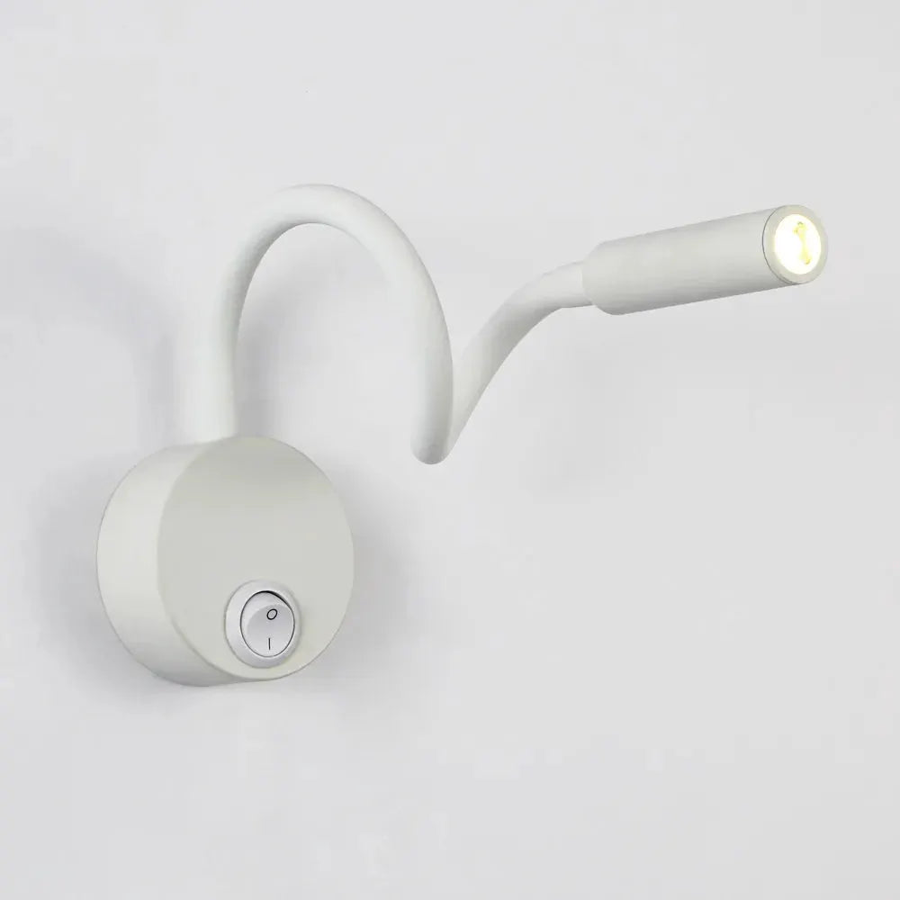 LED flexible gooseneck wall lamp in white with on/off switch for bedside reading.