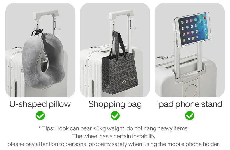 Mixi aluminum-frame carry-on luggage with USB port; U-shaped neck pillow, shopping bag, and tablet stand on the handle