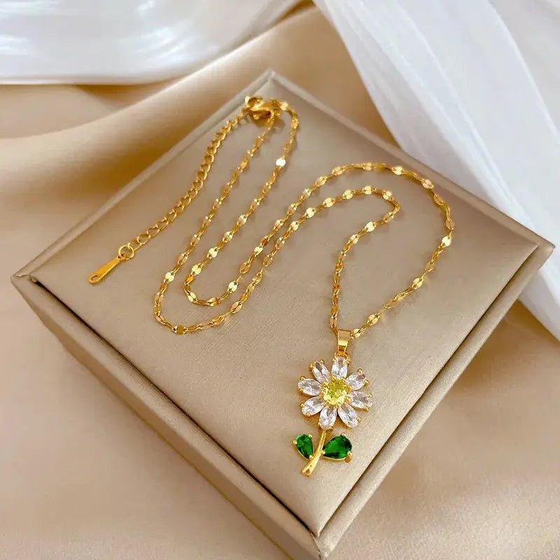 316L Stainless Steel Full Zirconia Flower Pendant Necklace For Women Clavicle Chain Jewelry Gift - Simples Market