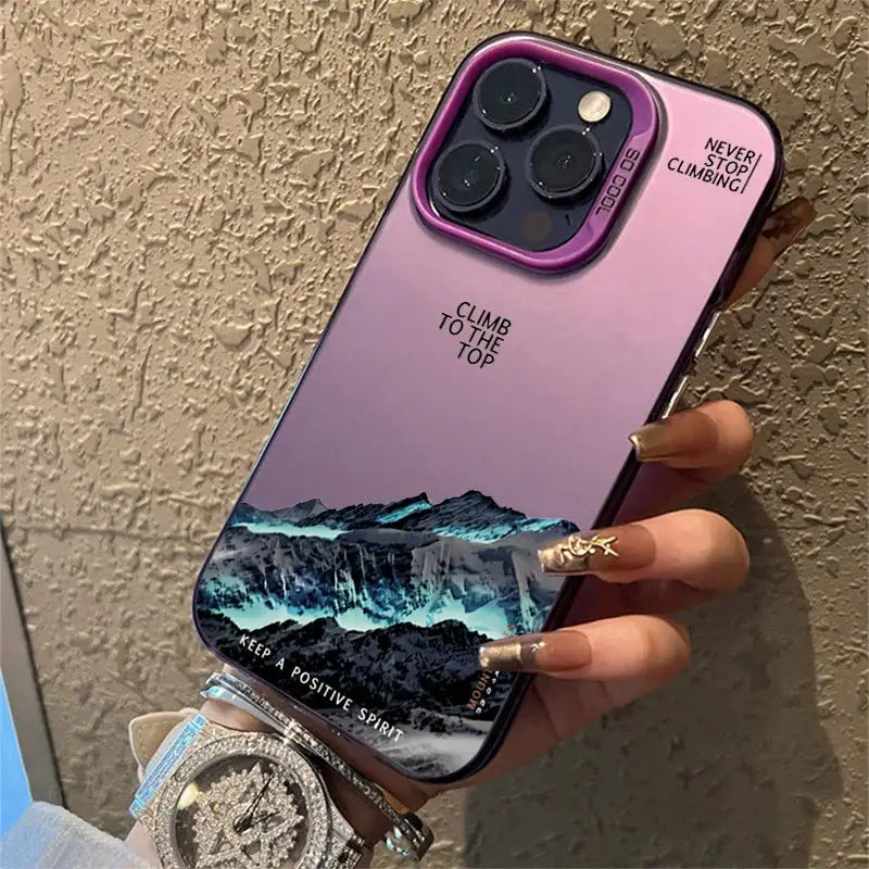SnowPeak Snow Mountain Sunset Electroplate Phone Case For iPhone 11 To 16 Pro Max Durable Silver Shield