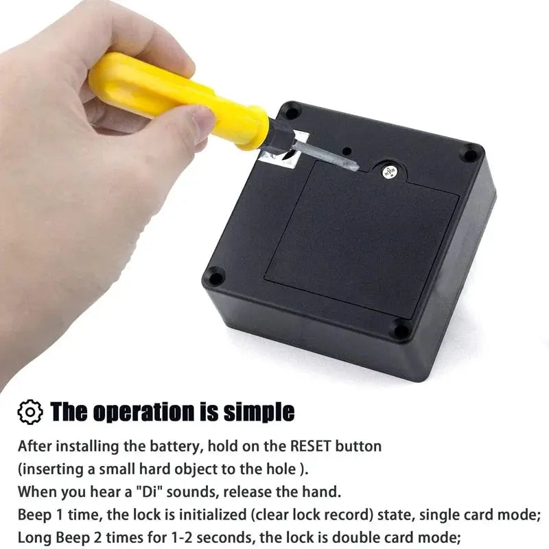 Simples Market smart RFID cabinet lock, black plastic housing, hand installing with screwdriver.