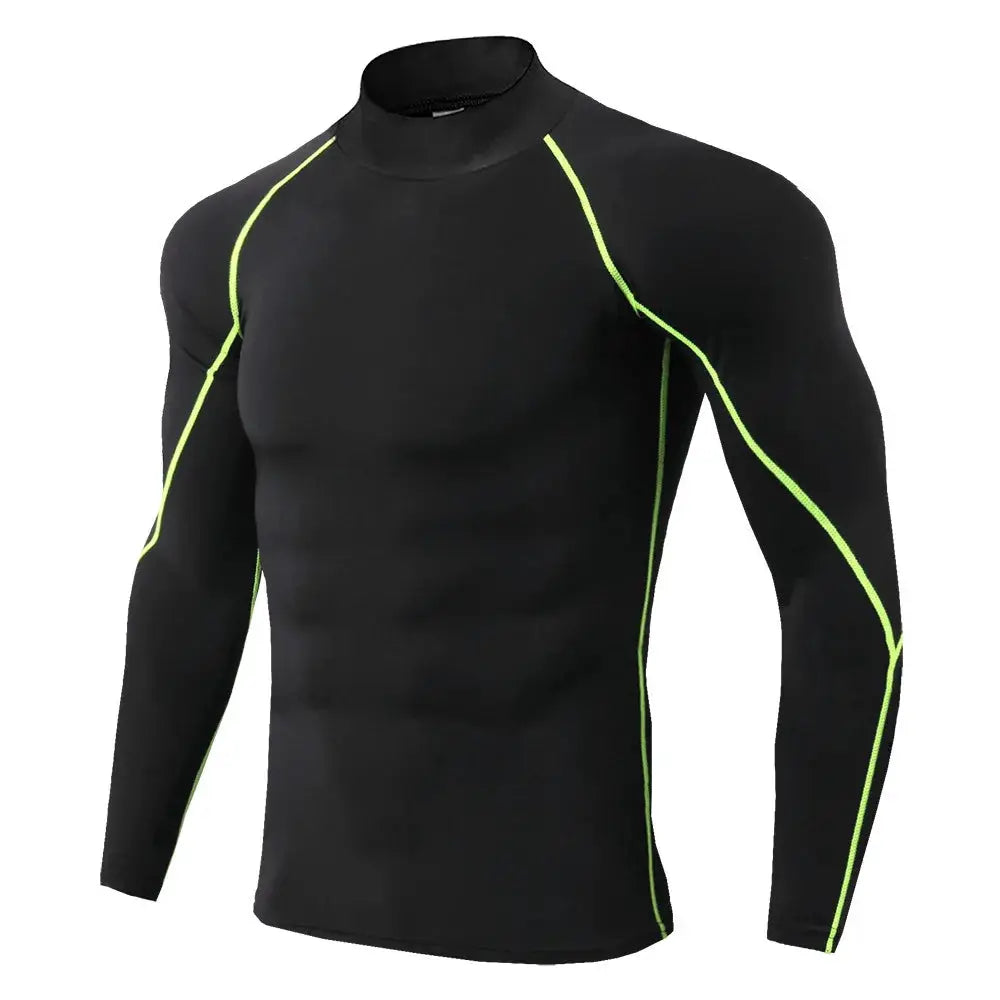 Men's long-sleeve quick-dry compression rashguard by Simples Market in black with neon lime seams, athletic gym top