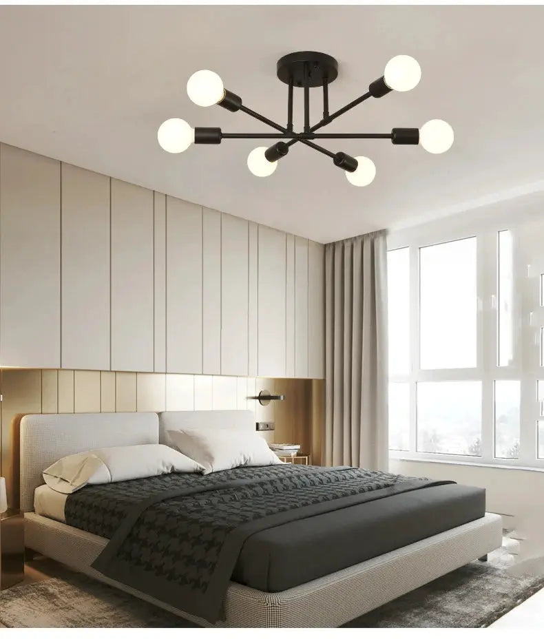 Retro industrial wrought-iron 6-head LED ceiling lamp, black finish