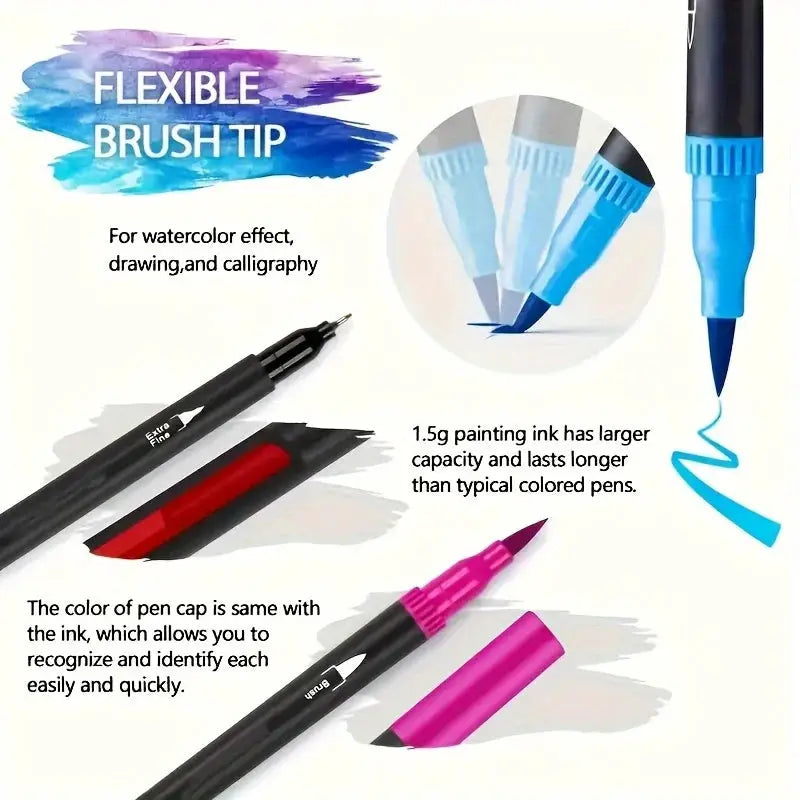 Vibrant double-ended watercolor markers set with black bodies and blue and pink caps for drawing and crafts