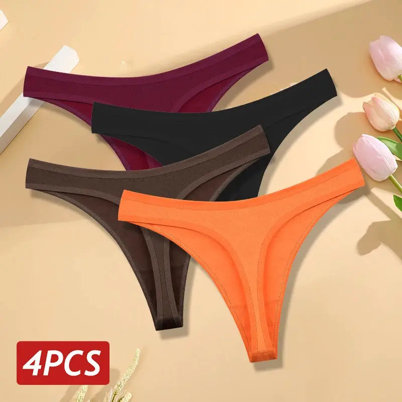 Women's cotton seamless low-rise thong underwear, 4-pcs set in purple, black, brown and orange