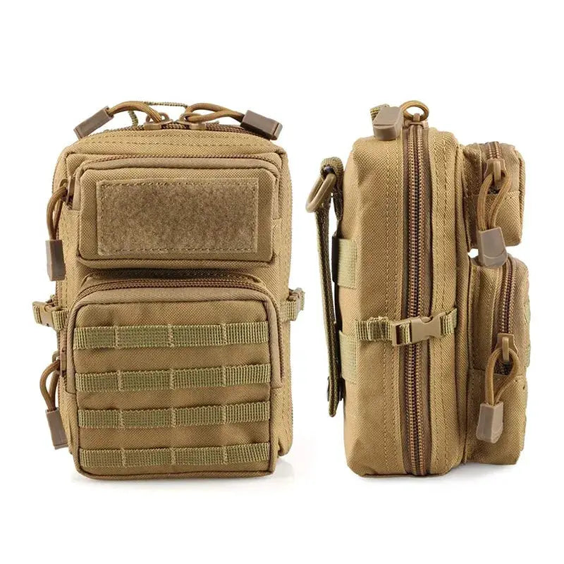 Simples Market tactical MOLLE hip pouch in tan with multiple pockets and zippers