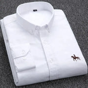 Men's white Oxford dress shirt, large size, 100% cotton, long sleeves, brown horse logo