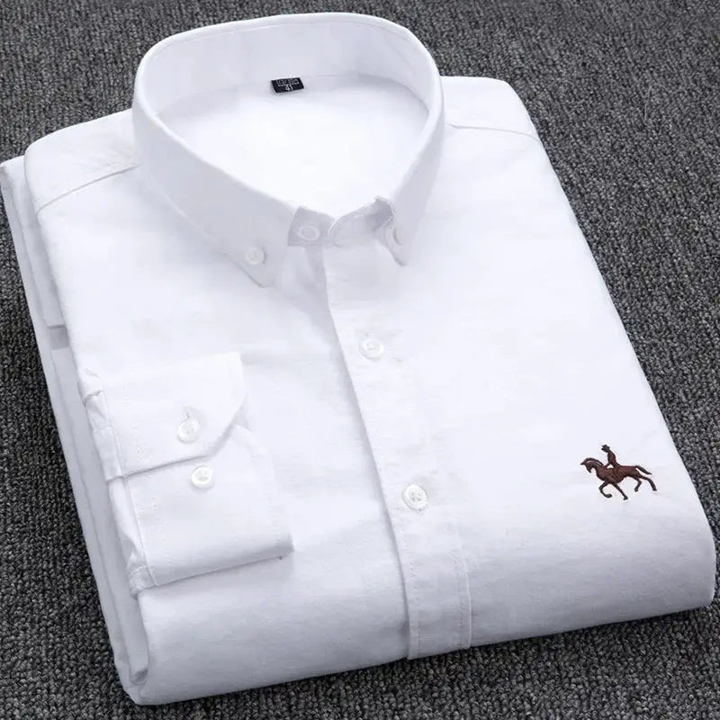 Men's white Oxford dress shirt, large size, 100% cotton, long sleeves, brown horse logo