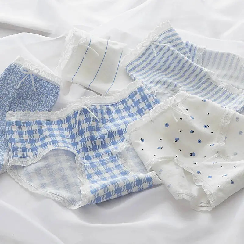 5Pcs cotton panties for women with lace trim in blue and white prints (stripes, gingham, florals)