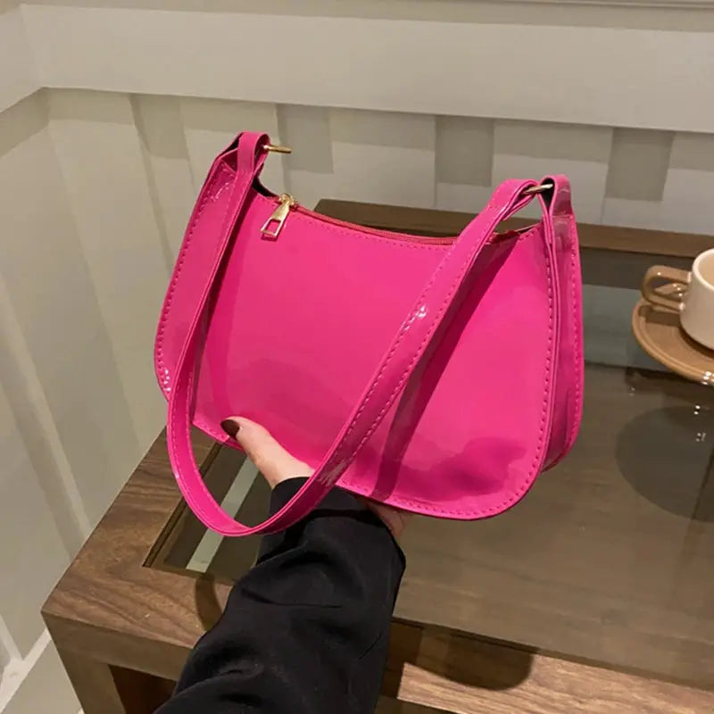 Shoulder bag pink PU leather with gold zipper and long strap