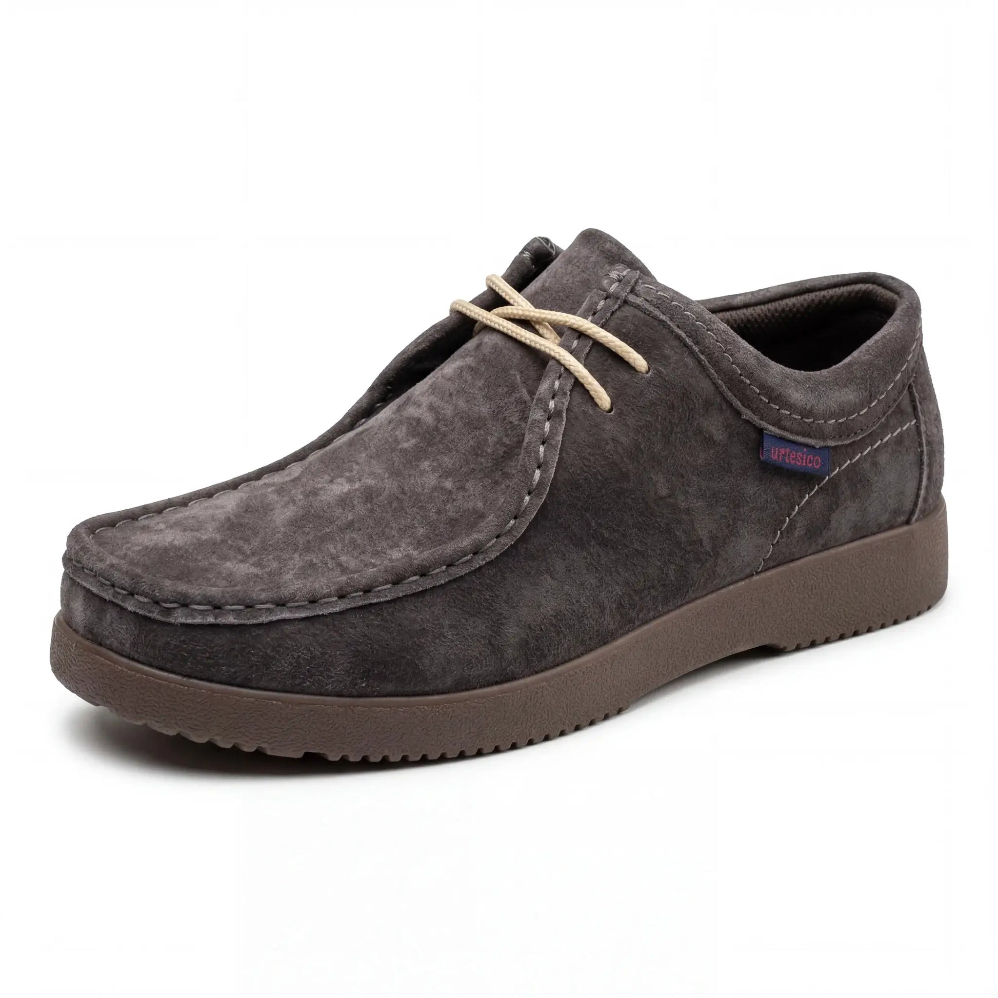 Mens grey suede hand-stitched moccasin-style loafer with beige laces and brown sole