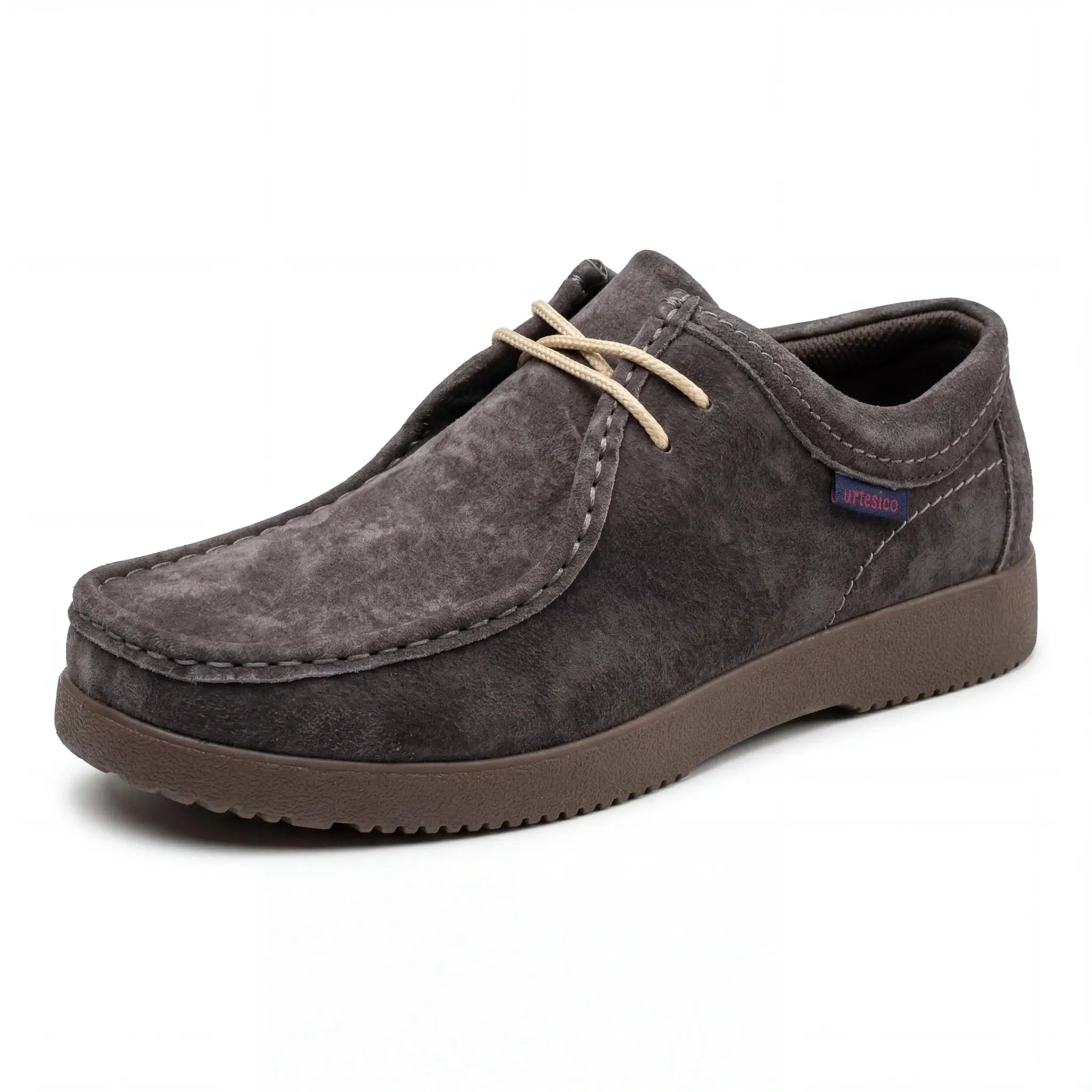 Mens grey suede hand-stitched moccasin-style loafer with beige laces and brown sole