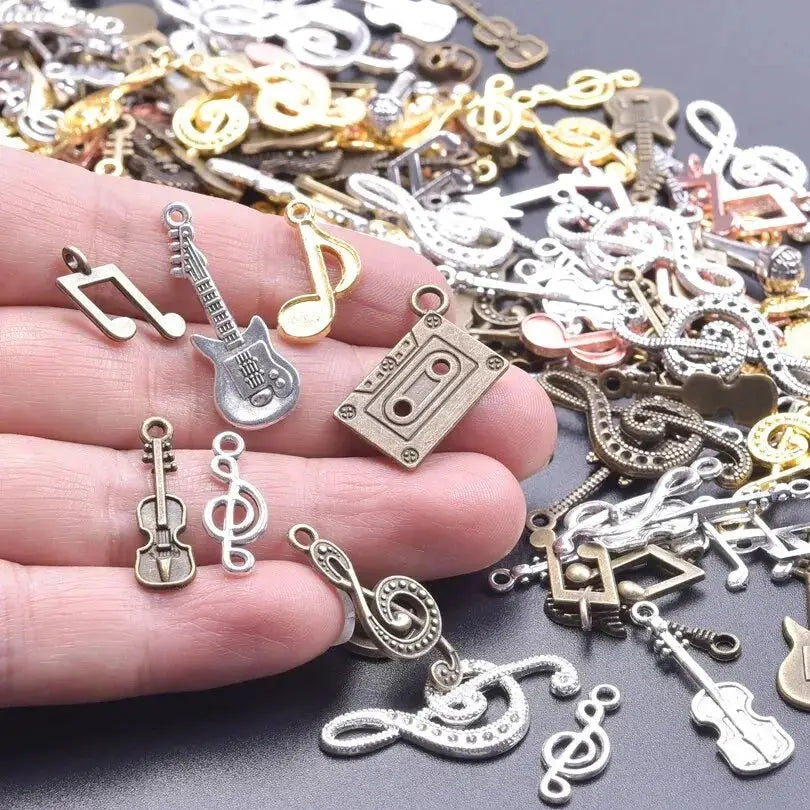 50 Pcs Lot Vintage Hip Hop Musical Instrument Charms For DIY Jewelry Mixed Violin Guitar Microphone Pendants