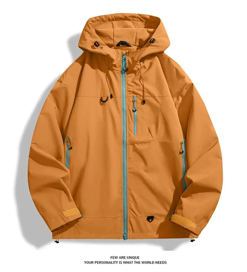 Hooded waterproof hiking jacket in orange with teal zippers, unisex outdoor rain coat