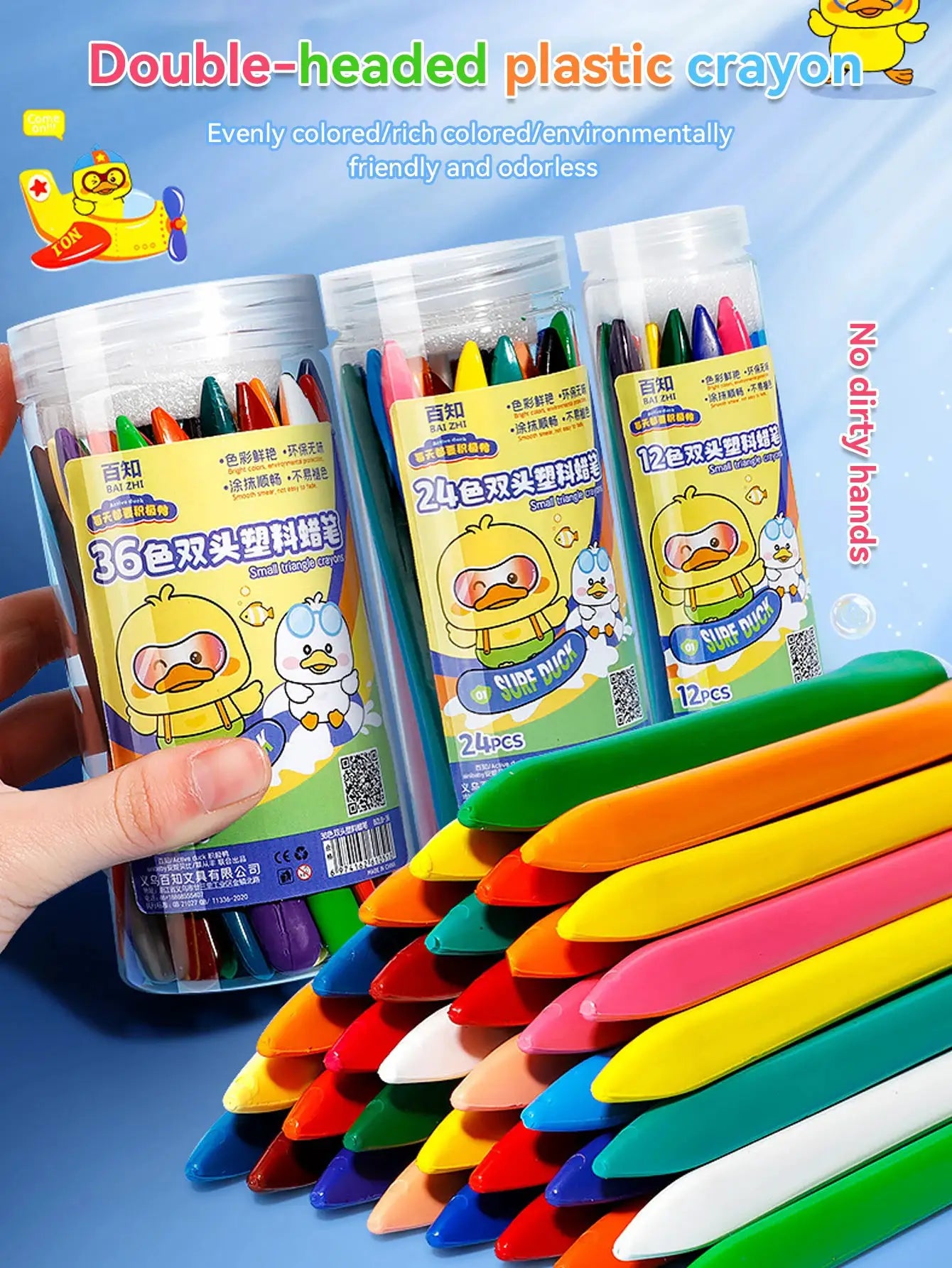 Double-headed triangle crayon set; three jars with 36-color, 24-color and 12-color crayons in bright assorted colors