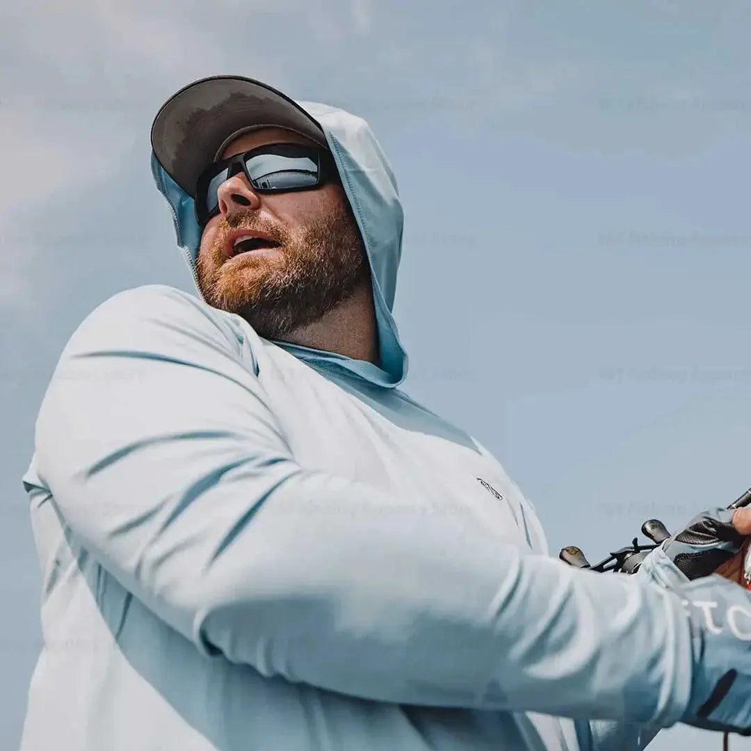 Simples Market men's hooded fishing shirt, light blue long-sleeve UV-protection fishing apparel