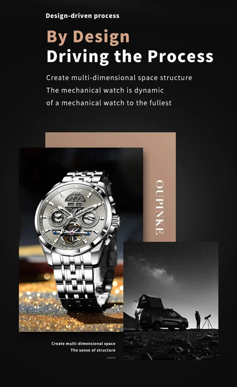 OUPINKE 3251 men's skeleton automatic watch with stainless steel bracelet, waterproof