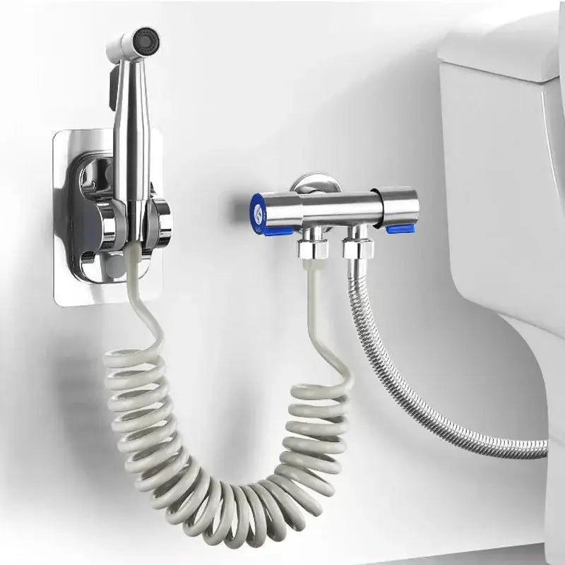 Simples Market handheld bathroom spray gun system; two fixtures, 304 stainless steel, coiled hose, blue valve fittings.