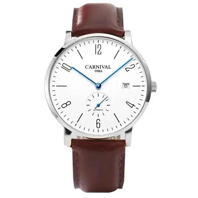 Carnival men's business watch with white dial, blue hands, brown leather strap, automatic movement and date window.