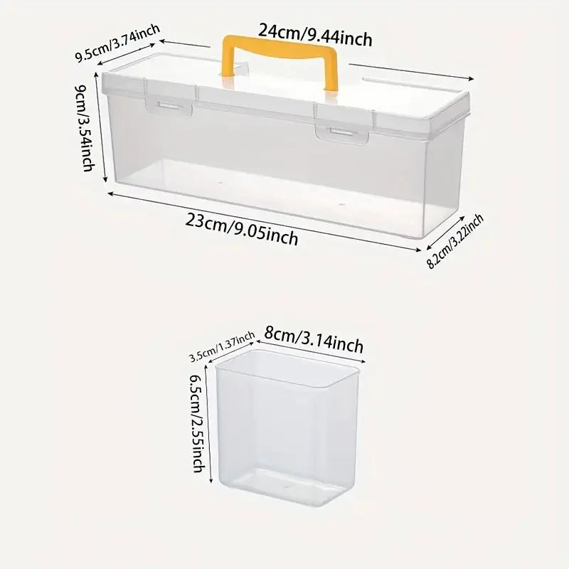 Hardware tool storage box, clear plastic with yellow handle; multi-compartment organizer and small container, 2 items