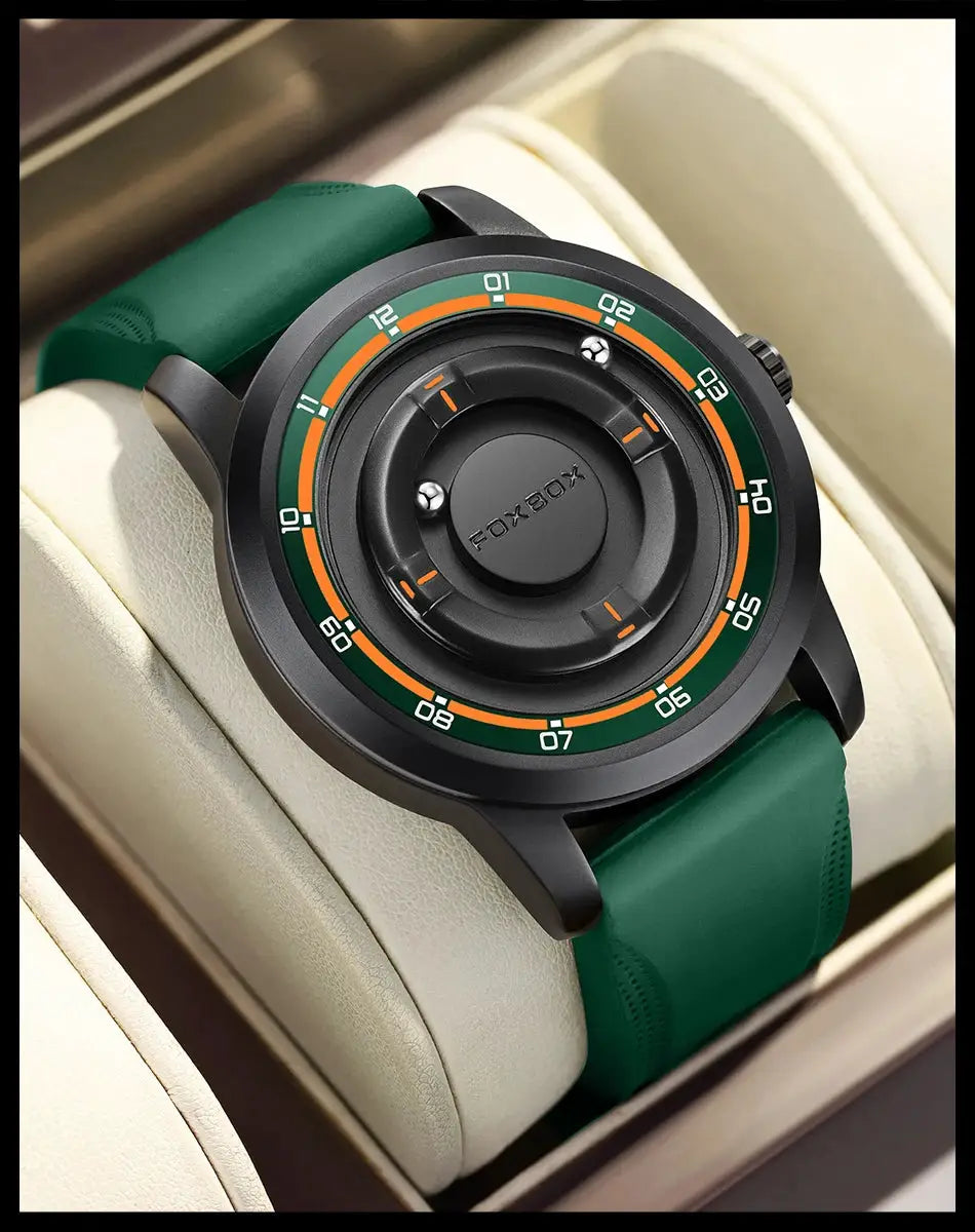 FoxBox wristwatch for men with green silicone strap and black case