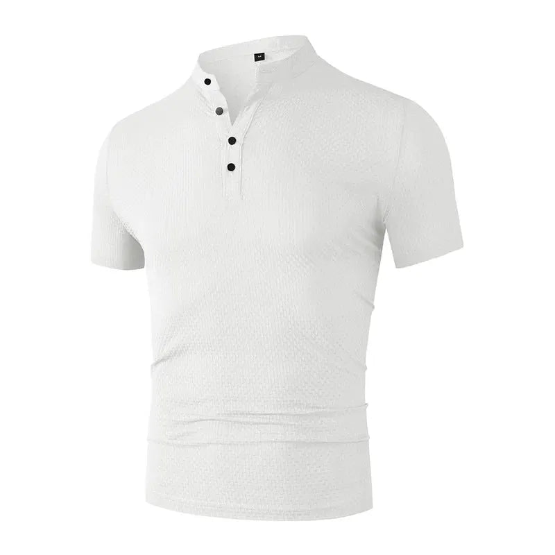 Men's white solid-color textured polo shirt with short sleeves and button placket