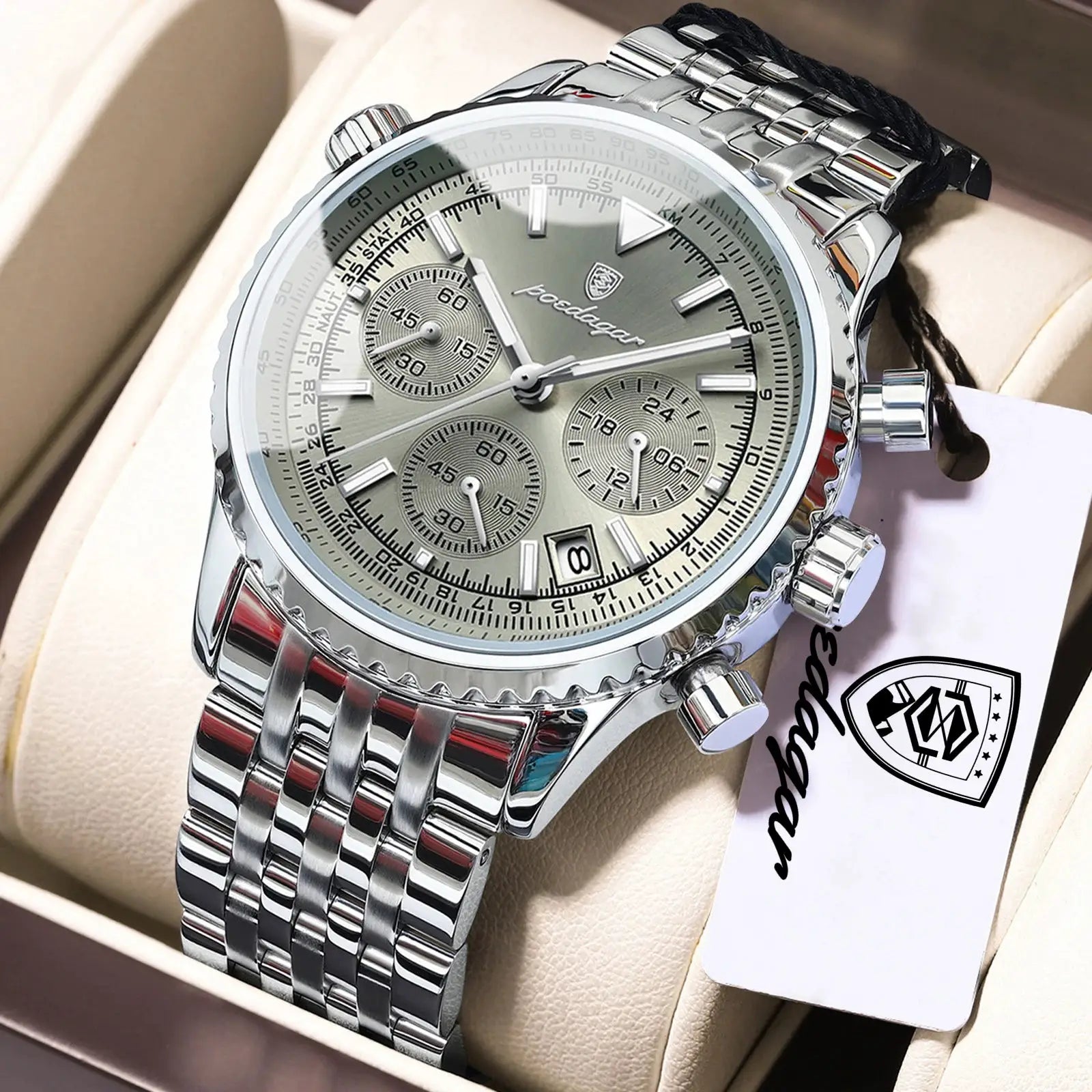 POEDAGAR Luxury Men Chronograph Stainless Steel Watch Waterproof Luminous Quartz Date Display Military Sport Timepiece