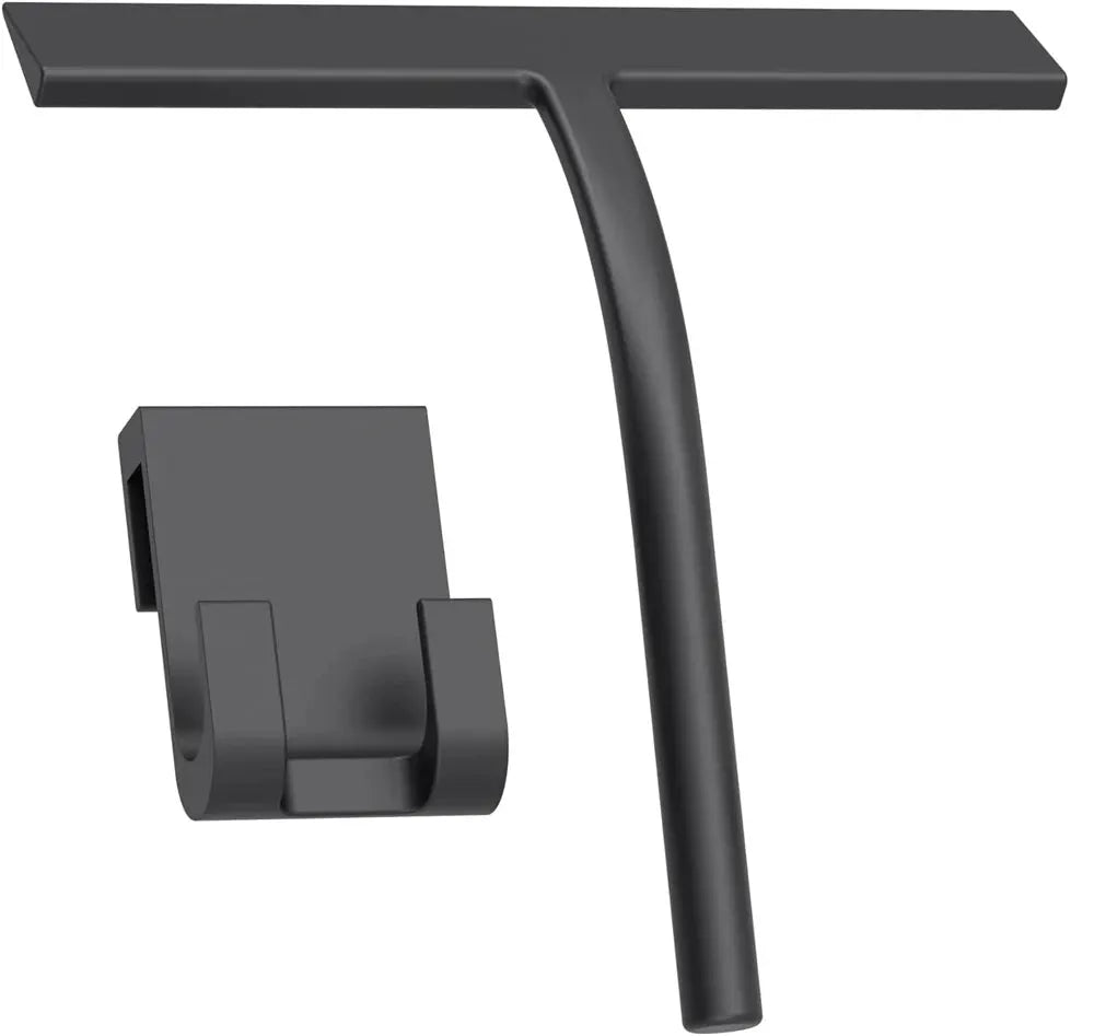 Matte black silicone shower squeegee with wall-mount bracket for glass doors, mirrors and tiles