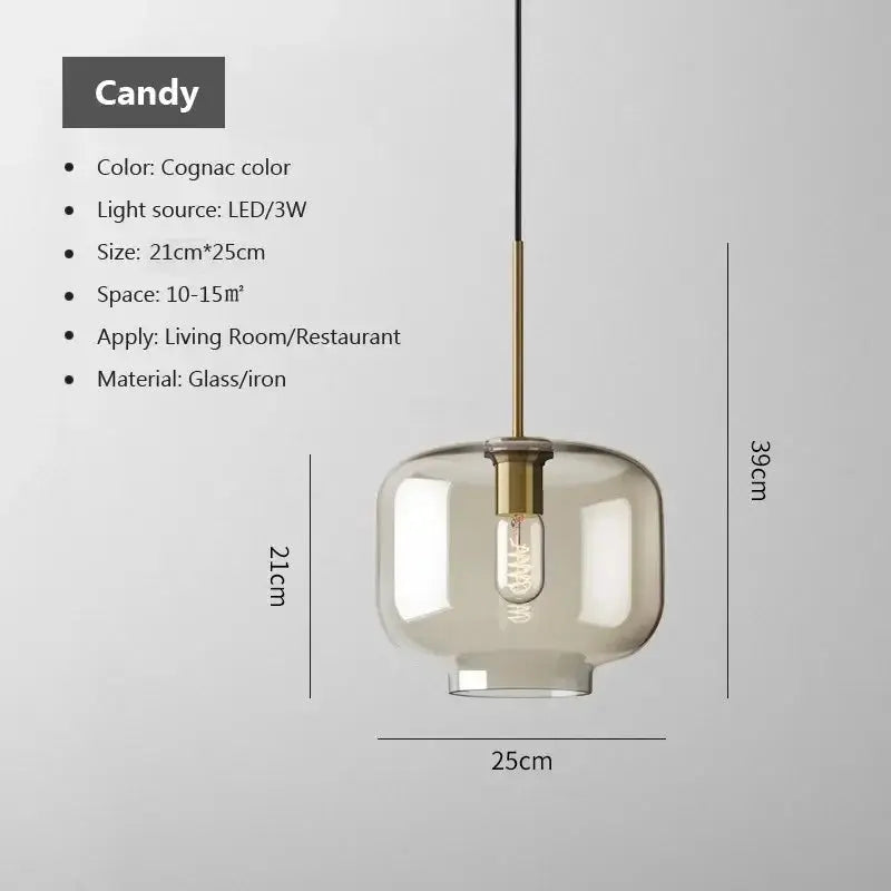 Simples Market Nordic LED glass chandelier pendant light with cognac shade and brass hardware, single-head