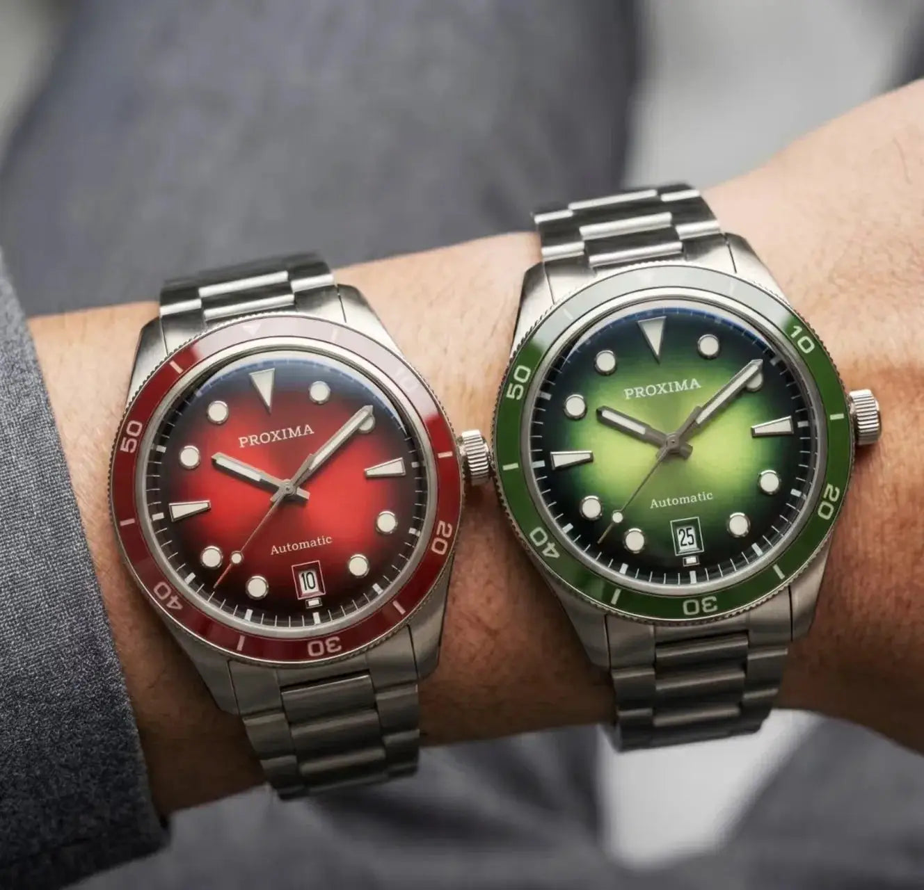 Two Proxima PX1697 automatic men's watches with red and green gradient dials on stainless steel bracelets.