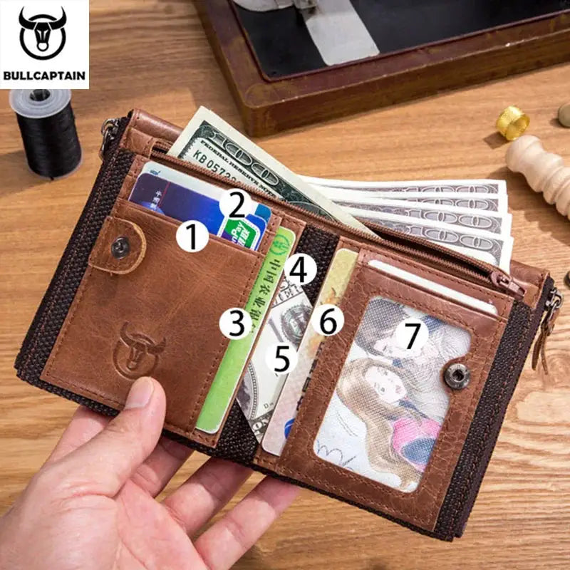 BULLCAPTAIN retro brown leather RFID wallet for men with zipper, short design, coin pocket and card slots