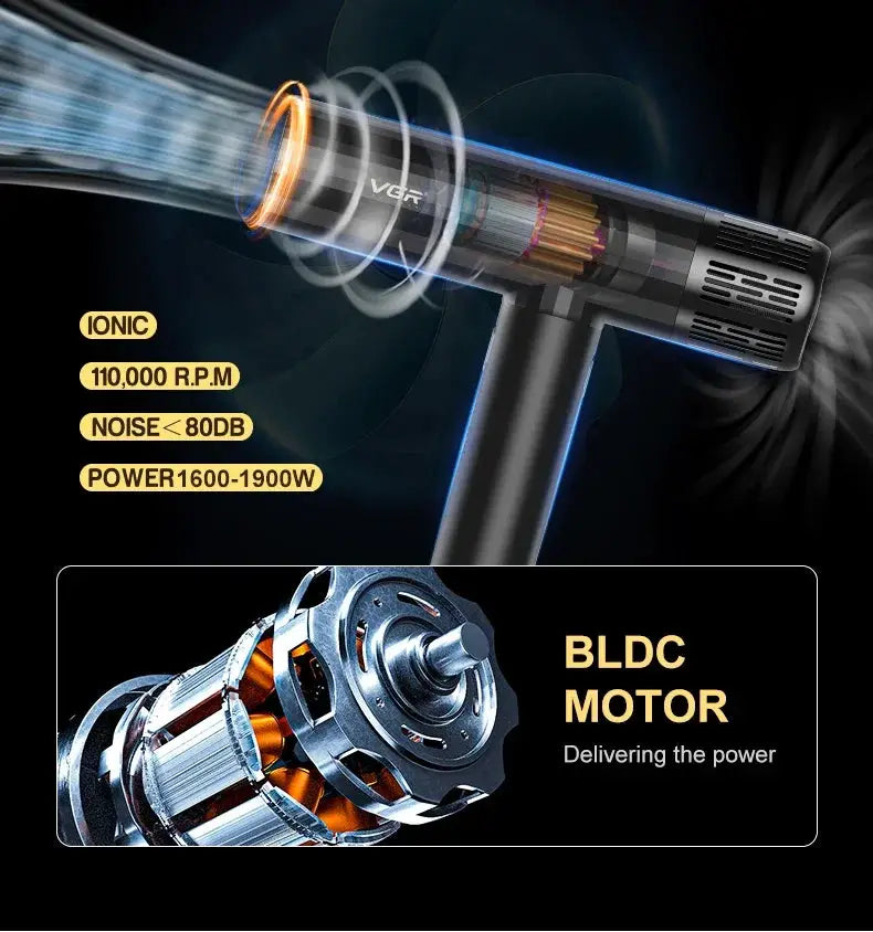 VGR hair dryer with brushless BLDC motor, ionic, 110,000 RPM, 1600–1900W by Simples Market