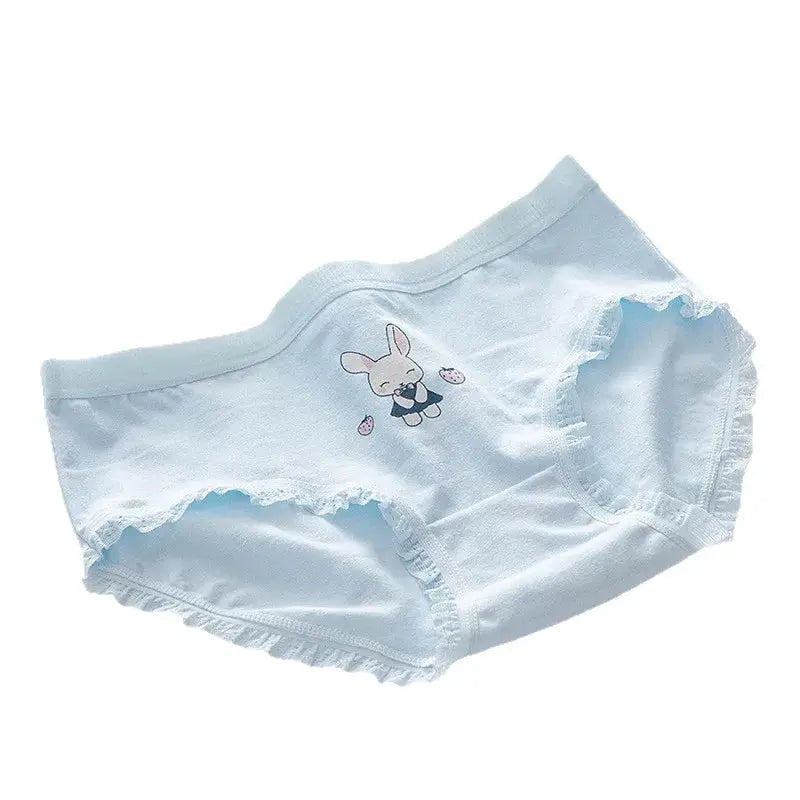 Panties in light blue cotton with bunny print and frilled trim
