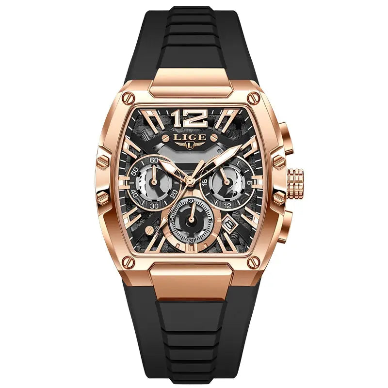 LIGE men's chronograph wristwatch with rose-gold square case, skeleton dial, black silicone strap