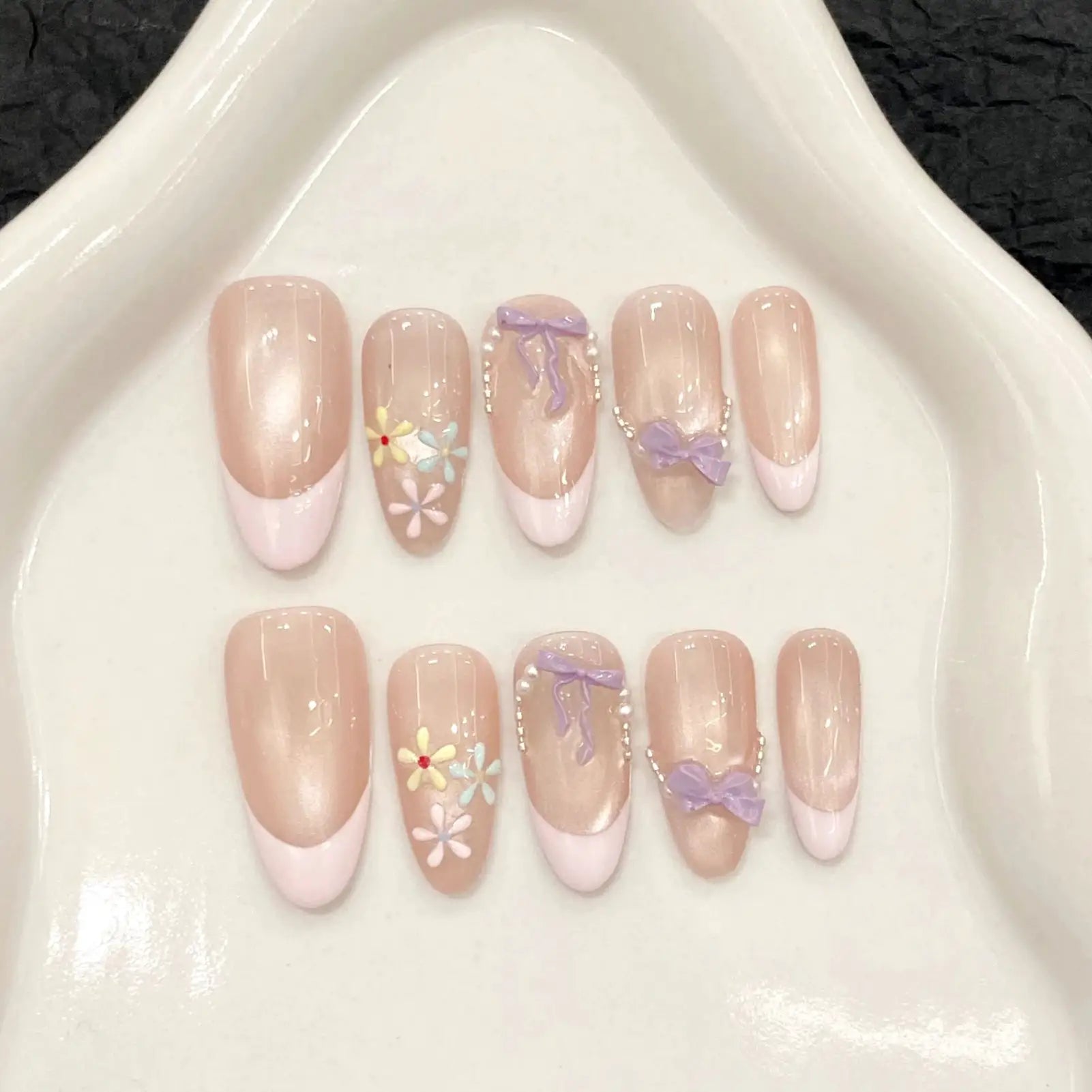 LuxeNail Cat Eye French Press On Nails With Pink Bow Decor Full Cover Almond Tips