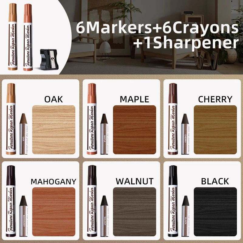 Simples Market 13-piece repair set with 6 markers, 6 crayons and 1 sharpener in wood finishes