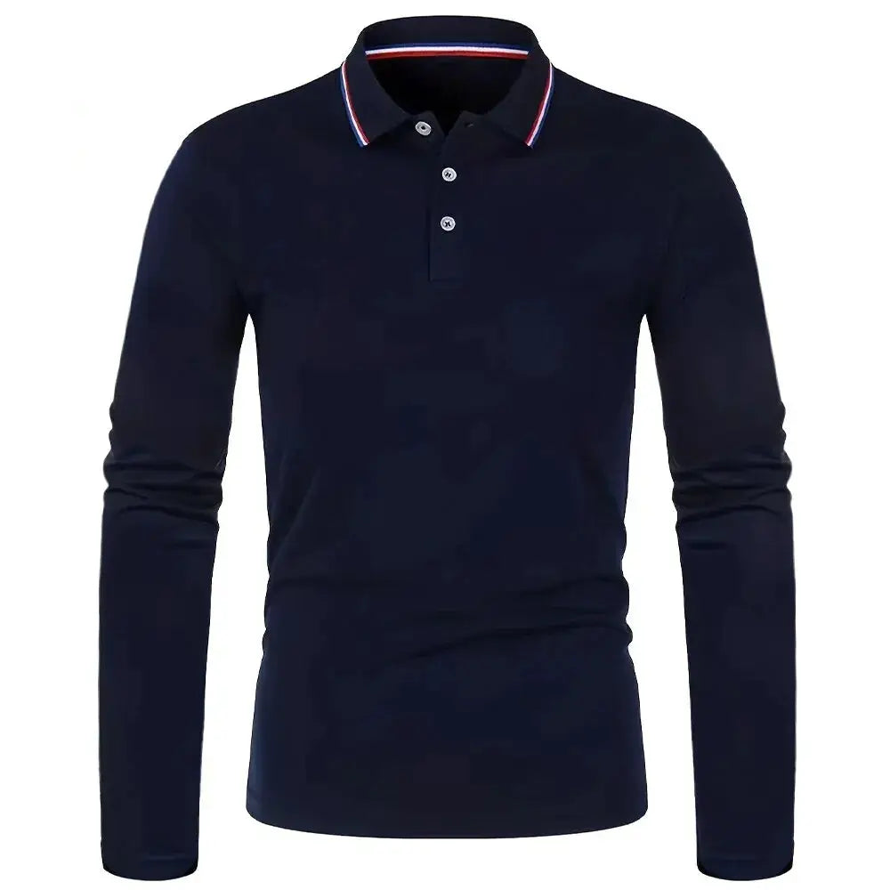 Men's navy long-sleeve polo shirt with striped collar, Simples Market.