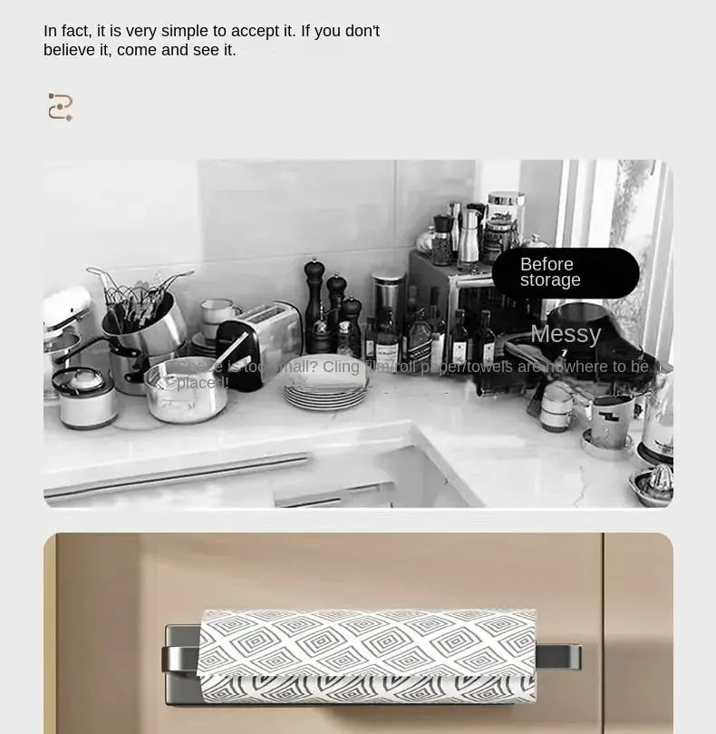Simples Market wall-mounted magnetic paper towel holder on beige cabinet with geometric towel.