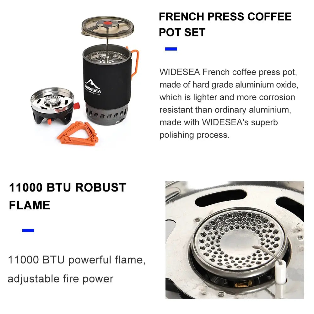Widesea camping cooking system with heat exchanger, black stove with orange accents, includes burner, pot and cup