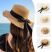 Korean Bow Straw Hat for Women by Simples Market, wide-brim natural straw with black ribbon