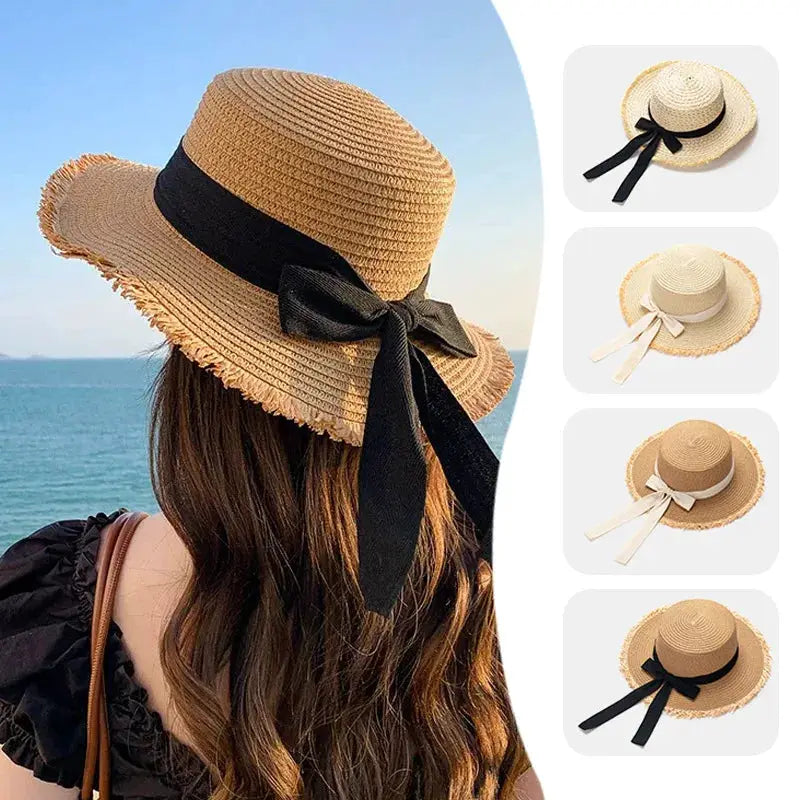 Korean Bow Straw Hat for Women by Simples Market, wide-brim natural straw with black ribbon