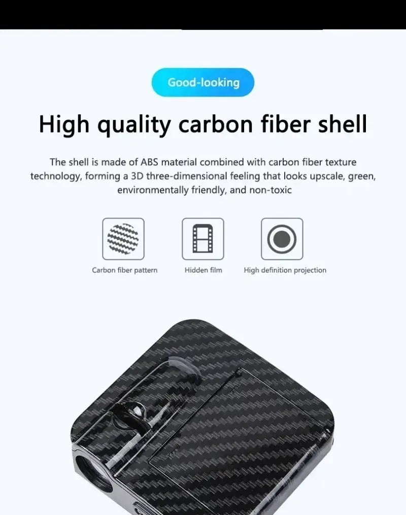 Wireless car door projector with a black carbon fiber shell