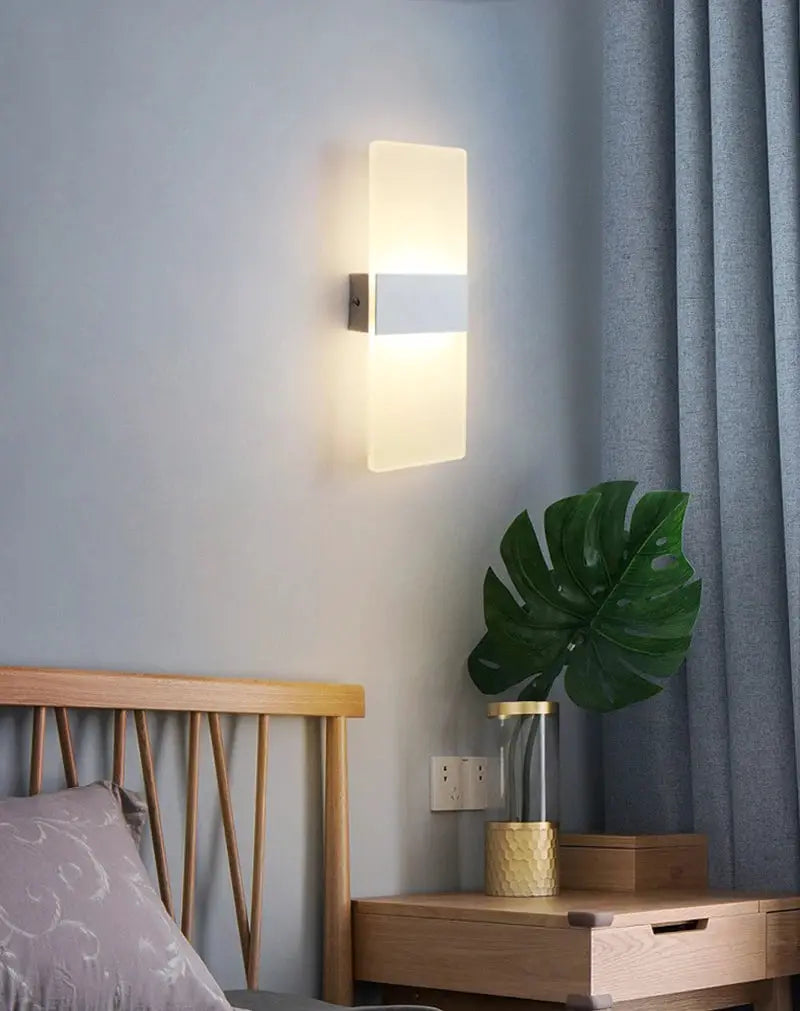 LED acrylic wall light, long vertical panel with warm white glow for bedroom decor
