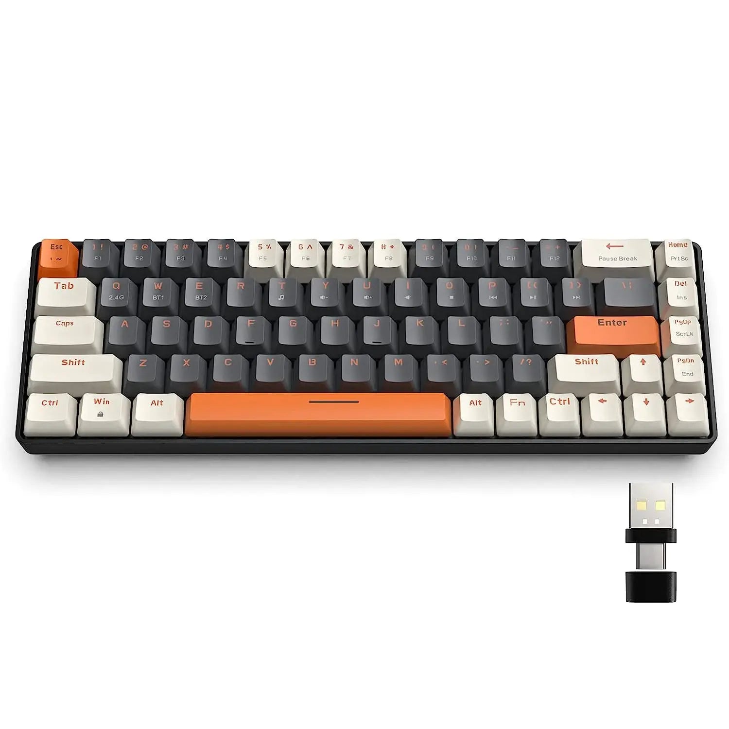 RK68 60% wireless mechanical keyboard with Bluetooth 5.0/2.4GHz dual-mode and orange accents, USB dongle