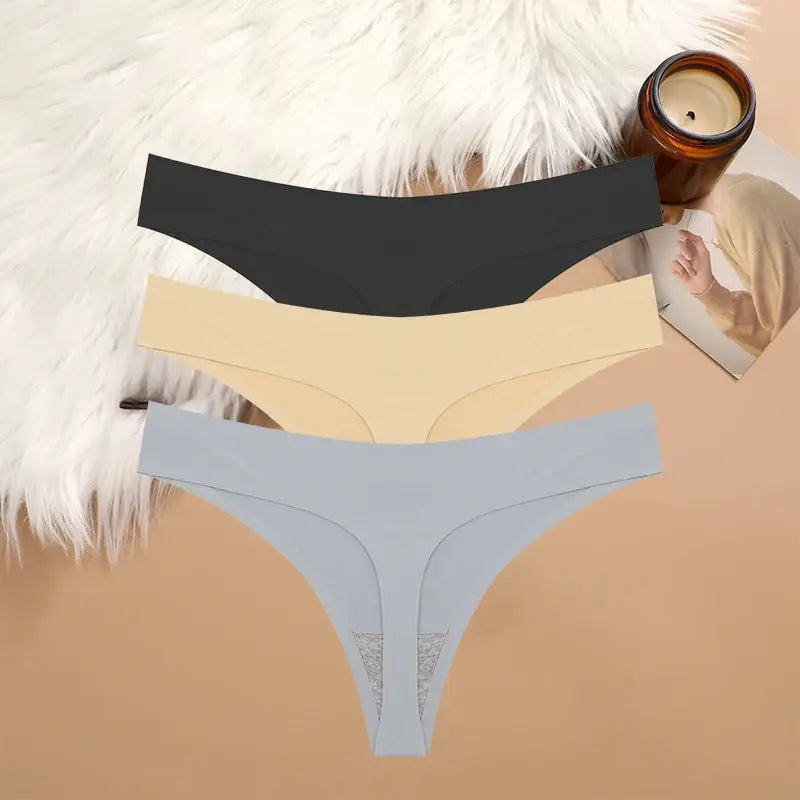 Simples Market 3-pack seamless G-string underwear in black, nude, and light blue