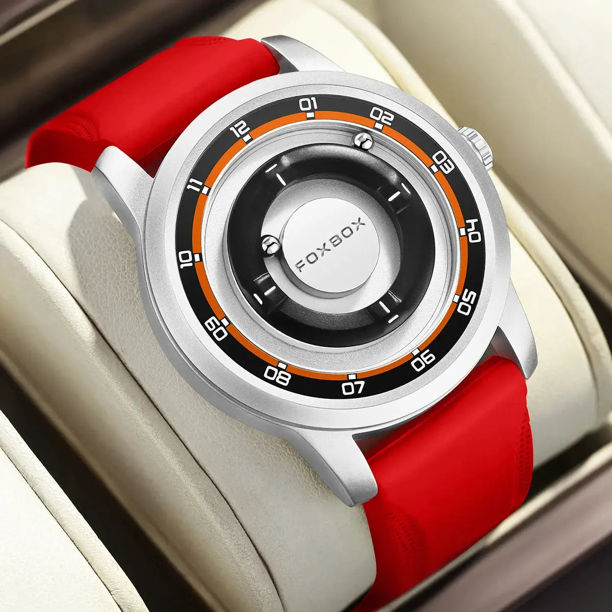 FOXBOX watch by Simples Market with red silicone strap, silver case, and bold orange-black dial