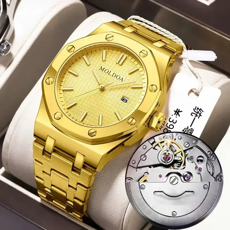 Men's gold-tone stainless steel watch with textured dial and date window, link bracelet