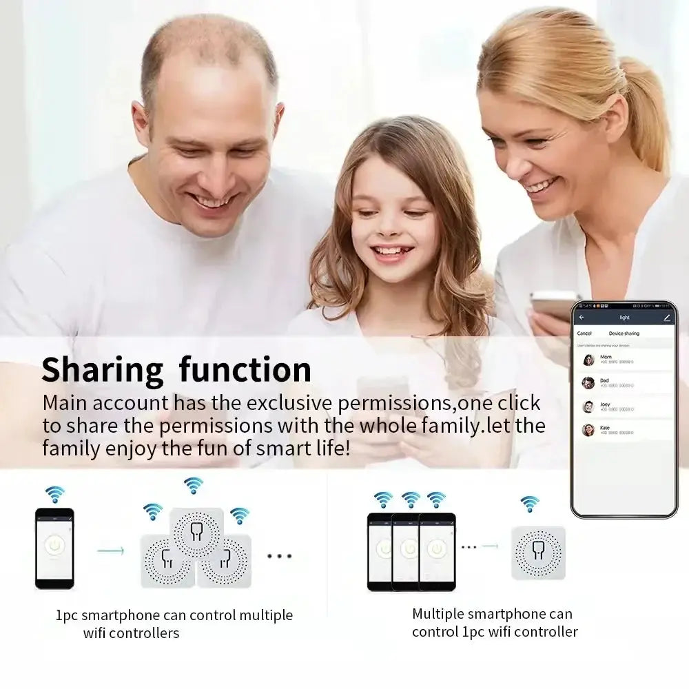 2-Way Tuya Mini 16A WiFi DIY smart switch, family using the app